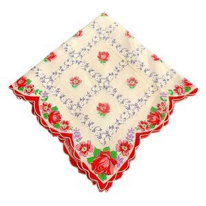 Handkerchief Hanky Hankie Vintage White & Red with Floral Design